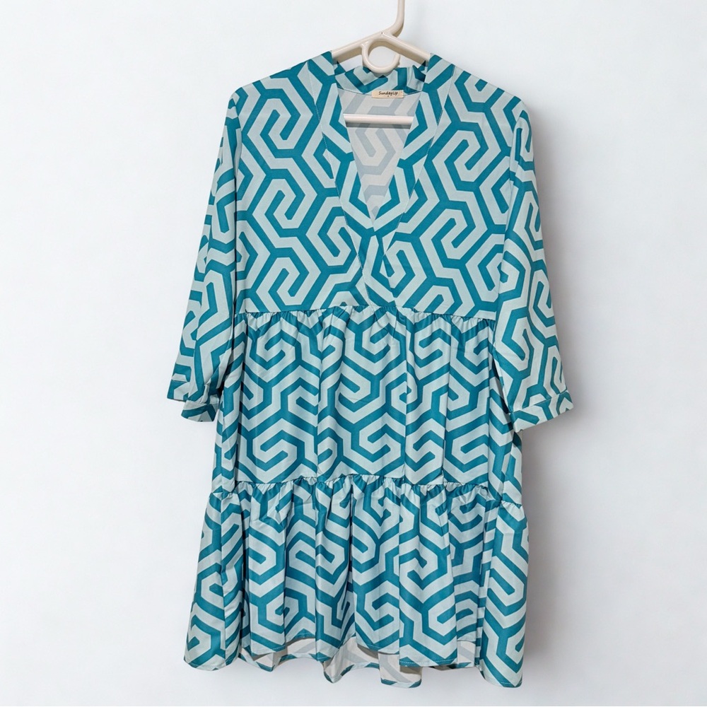 Teal Geometric Print Babydoll Dress by Sunday Up - Size Small (19" PTP) NEW